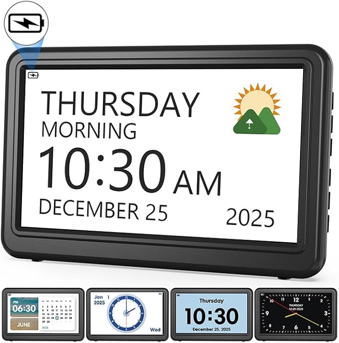 Clock with Day and Date for Elderly Battery Operated, Rechargeable Digital Calendar Clock with 12 Display Modes, 20 Alarms and Medicine Reminders, Dementia Clock for Seniors Memory Loss Alzheimer's