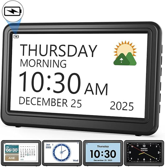 Clock with Day and Date for Elderly Battery Operated, Rechargeable Digital Calendar Clock with 12 Display Modes, 20 Alarms and Medicine Reminders, Dementia Clock for Seniors Memory Loss Alzheimer's