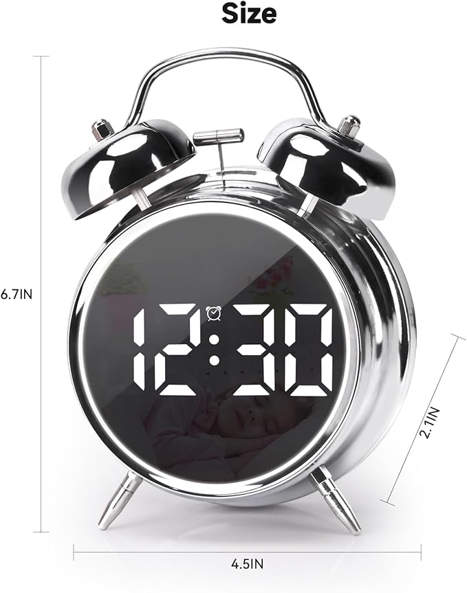 Digital Small Alarm Clock, 4.5 Inch Double Bell Electronic LED Alarm Clock, Plug in or Battery Operated Silent Metal Table Clock, Bedside Loud Bell Clock for Heavy Sleepers Adults Kids (Silvery)