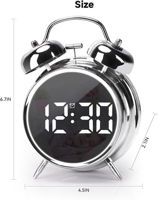 Digital Small Alarm Clock, 4.5 Inch Double Bell Electronic LED Alarm Clock, Plug in or Battery Operated Silent Metal Table Clock, Bedside Loud Bell Clock for Heavy Sleepers Adults Kids (Silvery)