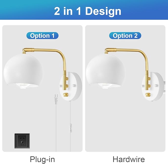 Wall Sconces Plug in, Dimmable Wall Sconce Swing Arm Wall Lights with Plug in Cord and Dimmer On/Off Knob Switch, White Globe Wall Light for Bedside Bedroom Hallway(2 Bulbs Included)