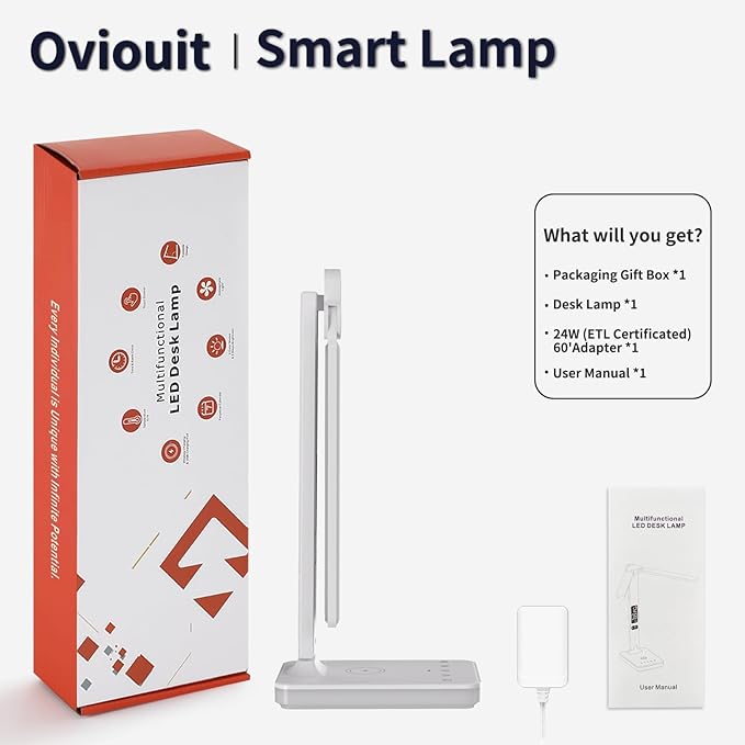 LED Desk Lamp with Wireless Charger, USB Charging Port, Dual Swing Arm Desk Light with 5 Brightness, 3 Colors, Table Lamp with Clock, Alarm, Date, Temperature, Desk Lamp for Home Office Study (White)