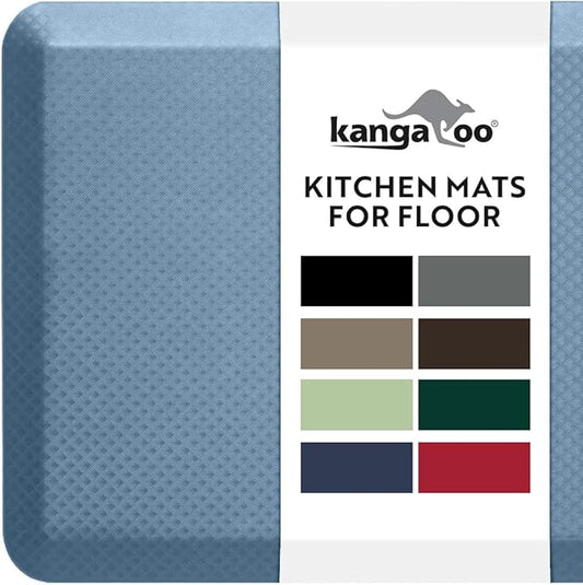 KANGAROO Thick Ergonomic Anti Fatigue Cushioned Kitchen Floor Mats, Standing Office Desk Mat, Waterproof Scratch Resistant Topside, Supportive All Day Comfort Padded Foam Rugs, 20x32, Sky Blue