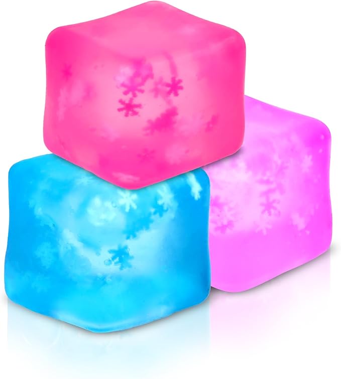 Fidget Toy Stress Cube 3 Pack,Cube Stress Ball with Snowflakes Inside,Mellow and Chill Touch,Classroom Prize Box Toys,Cube Squishies for Adults Kids Children Teens (Stress Cube 3 Pack)