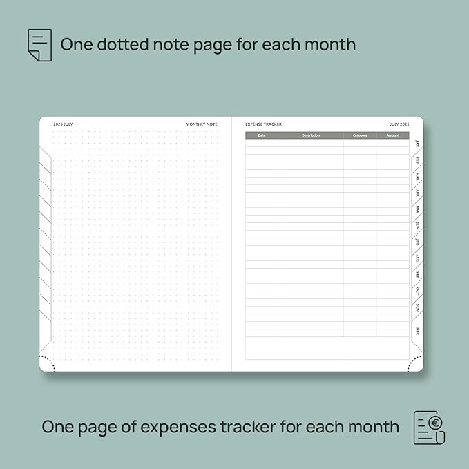 POPRUN Monthly Planner 2025-2026 (Medium- 6.5'' x 8.5'' Soft Cover), 18-Month Calendar Book (Jul.2025-Dec.2026), Calendar Planner with Monthly Tabs & Pocket, 100 GSM Paper - Pacific Green