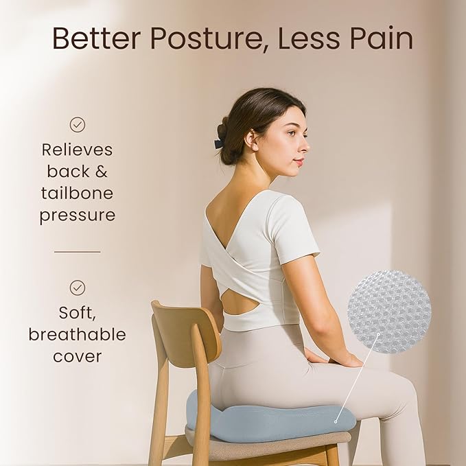 Sleepavo Gray Memory Foam Seat Cushion for Office Chair - Pillow for Sciatica, Coccyx, Back, Tailbone, Lower Back Pain Relief - Orthopedic Chair Pad Lumbar Support in Office Desk, Car, Airplane
