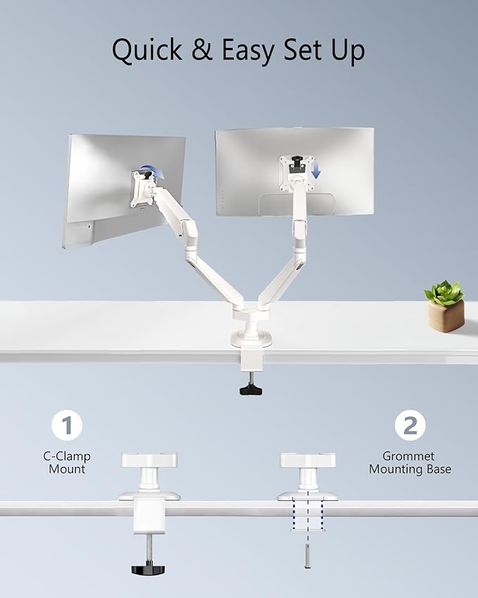 Dual Monitor Mount for 2 Screens up to 32 Inch and 19.8 lbs, Fully Adjustable Gas Spring Monitor Arm Desk Mount, Vesa Monitor Mount with C Clamp, Grommet Base, Aluminum, White