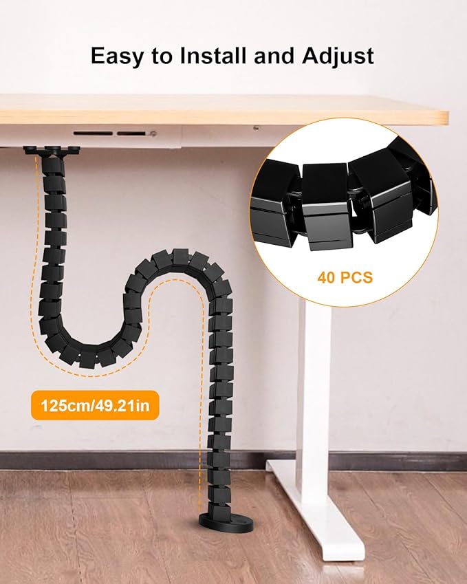 Under Desk Cable Management Vertebrae Fit for Sit Stand Desk Management, Magnetic Fixation Adjustable Length Cable Management Spinal, Flexible Chain Raceway Black