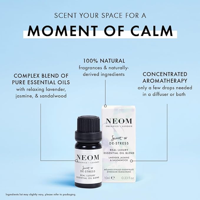 NEOM - Essential Oil Blend, 10ml | Lavender, Jasmine & Sandalwood | Aromatherapy Diffuser Oils with Calming Essential Oil Blend | 100% Natural Fragrances | Tranquil & Relax | Signature De-Stress Scent