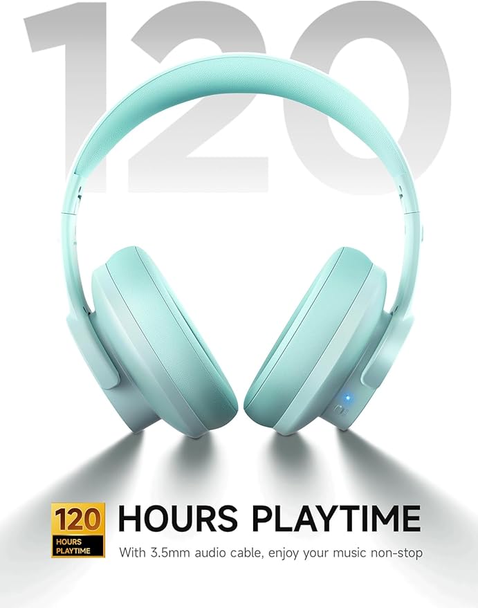 Picun B8 Bluetooth Over Ear Headphones, 120H Playtime with 3 EQ Modes, Low Latency, Hands-Free Calls, Deep Bass for Travel, Home, Office & PC (Cyan)