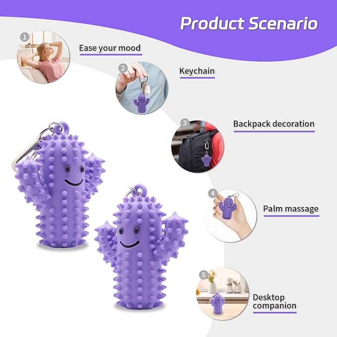 Little Ouchies Pain Fidget，Silicone Cactus Stim Tools for Adults, Sensory Pain Stim Fidget Toy , Spiky Grippy Stim Keychain, Anxiety Relief Items Fidget Toys Gift (Darkgrey+Pink+Green+Purple)