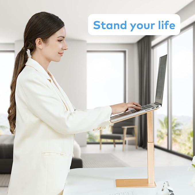 Laptop Stand for Desk, Ergonomic Aluminum Laptop Stand Adjustable Height from 7-15", Sitting and Standing Laptop Riser for 10-17" Notebook (Gold)