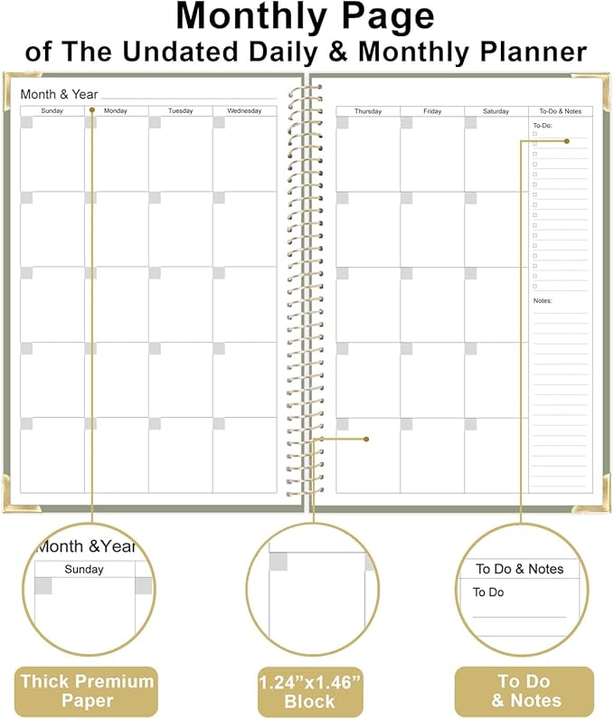 Undated Daily Monthly Planner for 2025 2026 - A5 To Do List with Hourly Schedule, Hardcover Spiral Bound Daily Planner to Increase Focus, Stylish School/Office Supplies, 5.8" x 8.5", Green
