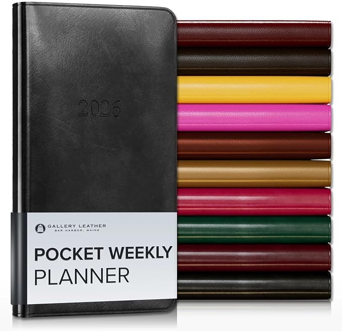 Gallery Leather Pocket Weekly Monthly Planner 2025-2026, Elegantly Bound Calendar Planner and Notebook with Stylish Gold-Gilded Page Edges, 12 Months - Acadia Black - 6 x 3.25 "