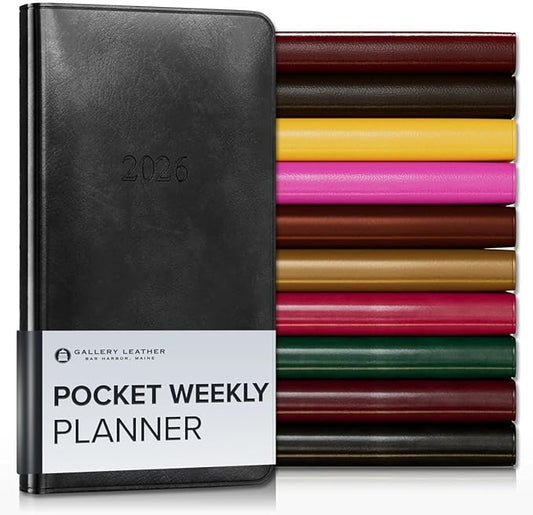 Gallery Leather Pocket Weekly Monthly Planner 2025-2026, Elegantly Bound Calendar Planner and Notebook with Stylish Gold-Gilded Page Edges, 12 Months - Acadia Black - 6 x 3.25 "