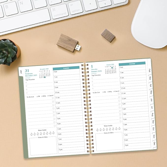 2026 Daily & Monthly Planner - One Page Per Day, Daily Planner 2026 from January 2026 to December 2026, Planner 2026 with 12 Monthly Tabs, 6.4" x 8.5", Green