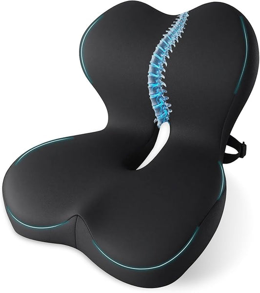 Memory Foam Seat Cushion,Office Chair Cushion with Lumbar Support for Back Pressure Relief, Car Seat Cushion with Adjustable Strap,Sciatica Pad Cushions for Car,Truck, Desk (C-Black)