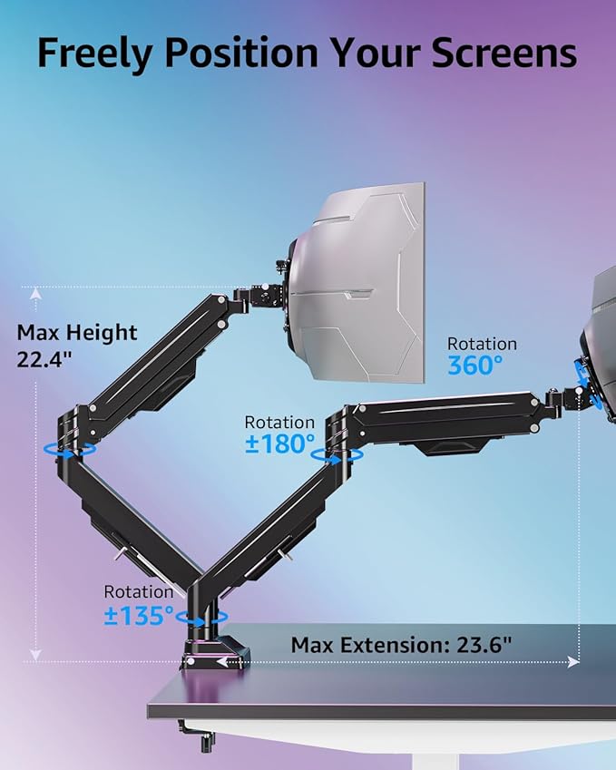 MOUNTUP Dual Monitor Stand for Max 43 inch Screens, Ultrawide Monitor Arm Height Adjustable, Heavy Duty Dual Monitor Mount, Full Motion Premium Gas Spring Arm, Holds 2.2 to 33 lbs, VESA Desk Mount