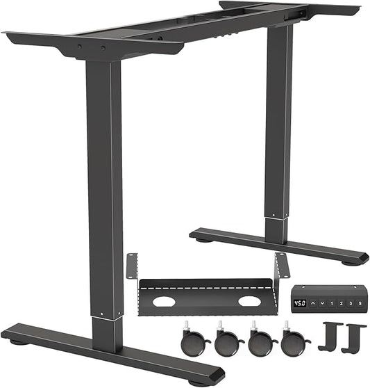 Dual Motor Standing Desk Frame, Electric Adjustable Legs with Memory Presets, Stand Up Desk Frame Workstation, with Cable Management Tray, Headphone Hook, Caster Wheels, for Home Office