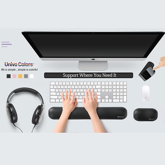 UnivoColors Design-Wave Keyboard Wrist Rest, Artificial Sheepskin+Memory Foam+Ergonomic+Anti-Slip Gel, Resilience Support During Work and Gaming,Keyboard Accessory,Grey