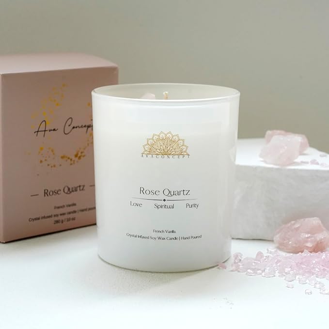 ‎ava concept - Crystal Candle Rose - Quartz French Vanilla Scented - Soy Candles - Home Decor Aromatherapy - Glass Jar Birthday, Wedding Gift Set for Women 10 oz