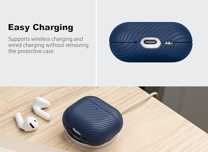 Leather Case - for AirPods 4 with Active Noise Cancellation/AirPods 4 Case Cover - Selected Skin-Friendly Leather, with Carbon Fibre Texture, Handmade Drop Protective Hard Cover - Blue