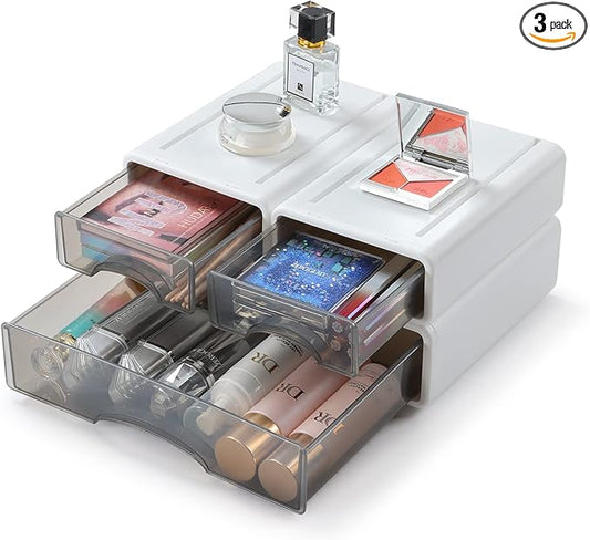 White Desktop Drawers for Paper, Stackable Office Storage Drawers for Desk, Craft Organizer and Storage Bins, 3 Mixed Storage Container with Plastic Drawers for Office Supplies
