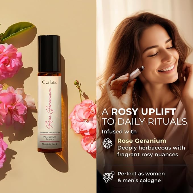 Gya Labs Rose Geranium Essential Oil Roll on for Skin - 100% Pure Natural Rose Geranium Perfume Oil for Women, Long-Lasting Floral Body Aroma, Alcohol-Free, Travel Size (0.34 Fl Oz)
