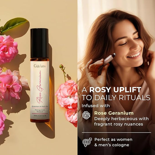 Gya Labs Rose Geranium Essential Oil Roll on for Skin - 100% Pure Natural Rose Geranium Perfume Oil for Women, Long-Lasting Floral Body Aroma, Alcohol-Free, Travel Size (0.34 Fl Oz)