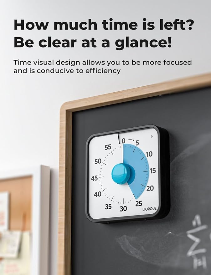 LIORQUE 60 Minute Visual Timer for Kids and Adults, Non-Ticking 7.5 Inch Large Visual Countdown Timers for Classroom Desk Countdown Clock with Magnetic Backing, Kids Pomodoro Timer Clock