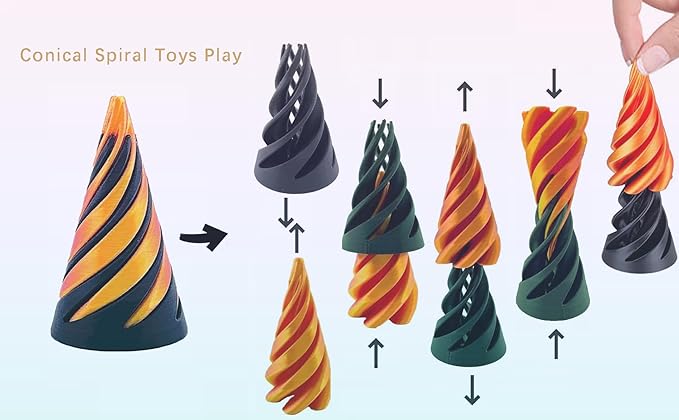 3D Printed Impossible Cone,Spiral Cone Fidget Toy Impossible Pyramid Passthrough Toy,3D Printed Spiral Cone Fidget Toy (Green Black&Red Black)