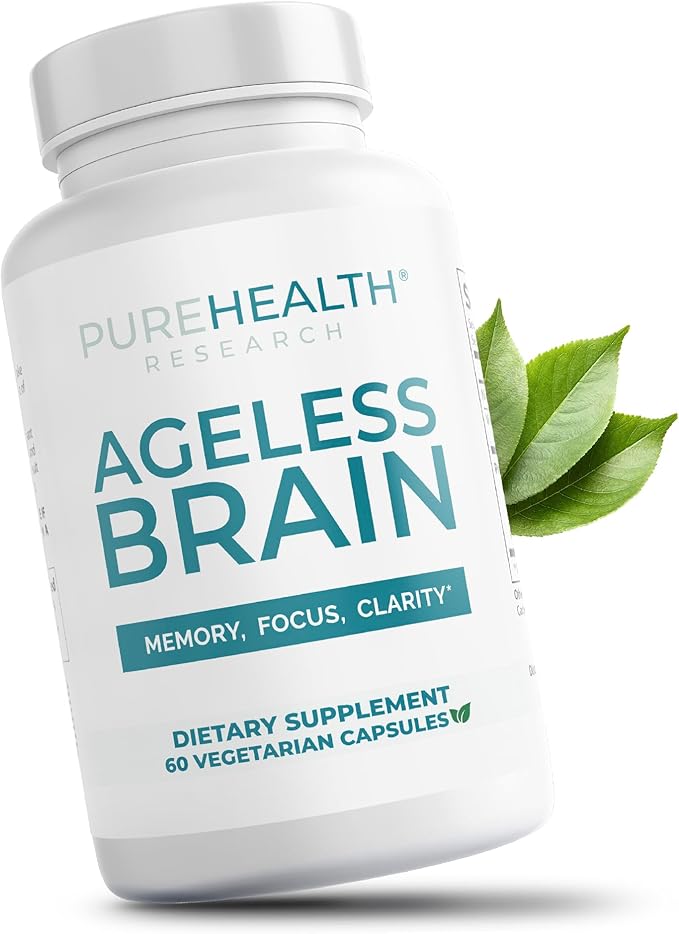 PUREHEALTH RESEARCH Ageless Brain Supplements for Memory and Focus - Nootropic Brain Health Supplement for Adults - with Bacopa Monieri, Alpha GPC, L-Tyrosine, Vitamin B6, Niacin & More, 60 Capsules