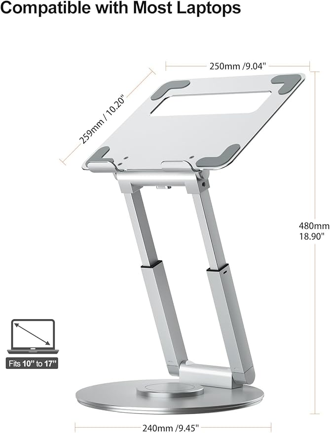 tounee Telescopic Laptop Stand for Desk with 360° Swivel Base, Sit to Stand, Height Adjustable, Portable Riser Holder for Good Posture, Compatible with All Laptops 10-17"-Silver