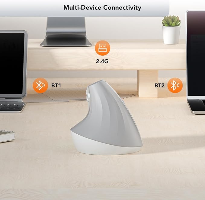 EM18 Wireless Ergonomic Vertical Mouse, Ergo Design, Bluetooth Cordless Mouse, Silent Click, 5-Level Adjustable DPI, Carpal Tunnel Mice for Computer, PC, Mac, Laptop, White