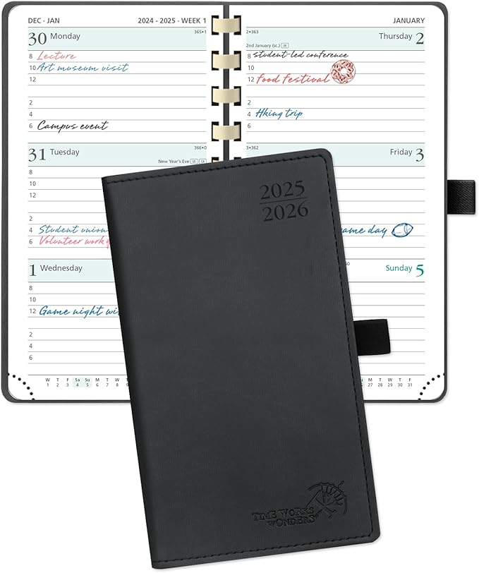 POPRUN Pocket Planner 2025-2026 (Slim Size 3.5'' x 6.5'') Academic Purse Calendar (July 2025 - June 2026) with Hourly Time Slots, 100GSM Thick Paper, Spiral Soft Cover - Black