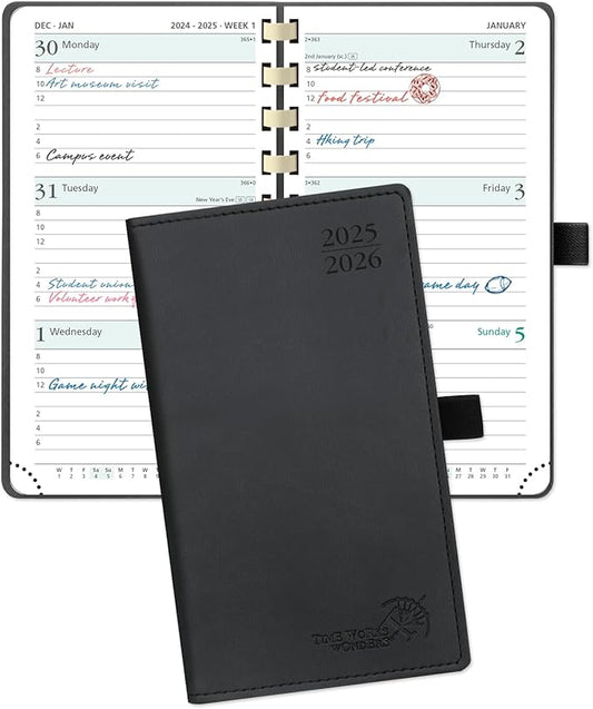 POPRUN Pocket Planner 2025-2026 (Slim Size 3.5'' x 6.5'') Academic Purse Calendar (July 2025 - June 2026) with Hourly Time Slots, 100GSM Thick Paper, Spiral Soft Cover - Black
