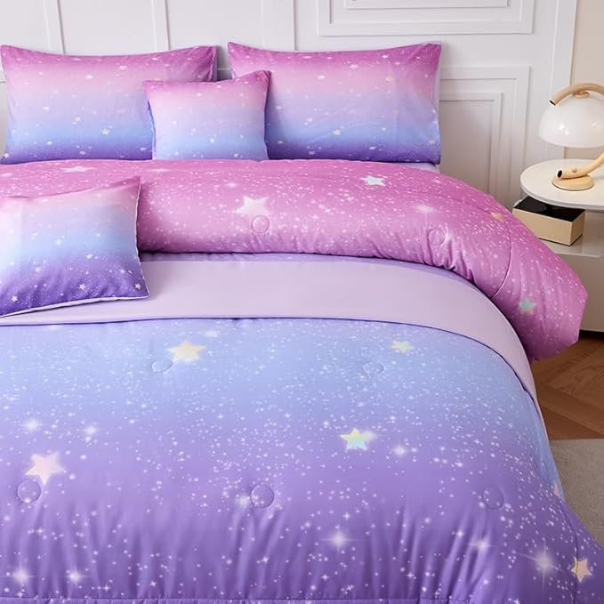 7PCS Purple and Pink Comforter Sets Full Girls Galaxy Comforter Full,Girls Bedding,Bed in a Bag with Flat Sheet and Fitted Sheet,Pillowcases,Cushions for Girl,Purple Bedding Sets