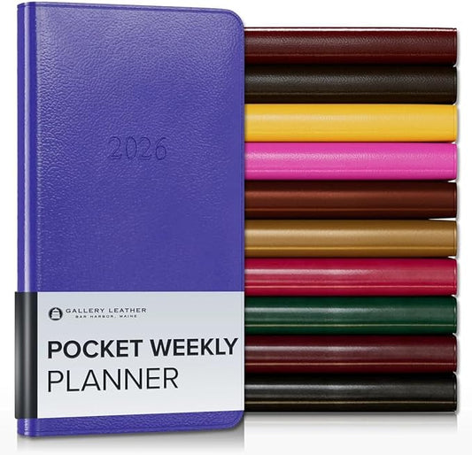 Gallery Leather Pocket Weekly Monthly Planner 2025-2026, Elegantly Bound Calendar Planner and Notebook with Stylish Gold-Gilded Page Edges, 12 Months - Caribbean Hibiscus - 6 x 3.25 "