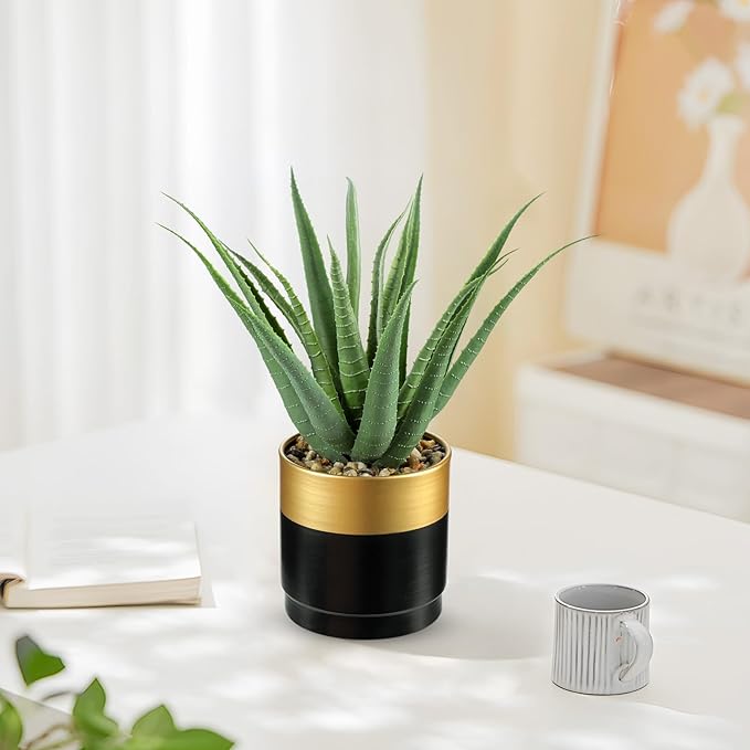 Briful Succulents Artificial Plants Realistic Agave Plant, Gold Black Metal Pot, Farmhouse Aloe Vera Fake Plants for Home Office Desk Bathroom Shelf Decorations