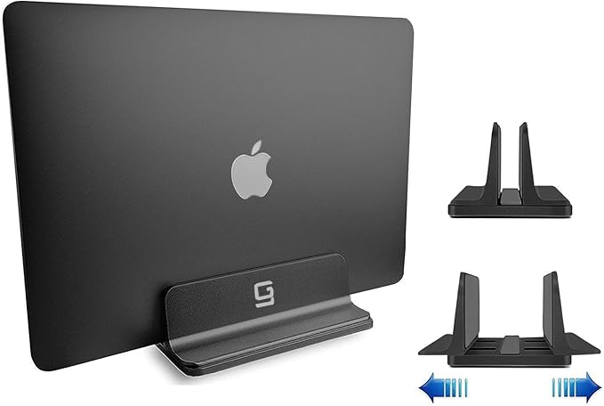 Vertical Laptop Stand for Desk [Adjustable] Sturdy Aluminum Dock Fits All Laptops (up to 20.3 inches) Space Saving, Modern Compact Holder, Compatible with MacBook Pro/Air, Surface, HP, Dell (Black)