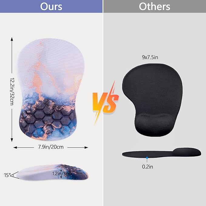 Mouse Pad Wrist Support, Ergonomic Mouse Pad with Wrist Rest, Comfortable Computer Mouse Pad for Laptop, Pain Relief Mousepad with Non-Slip PU Base Blue Black White