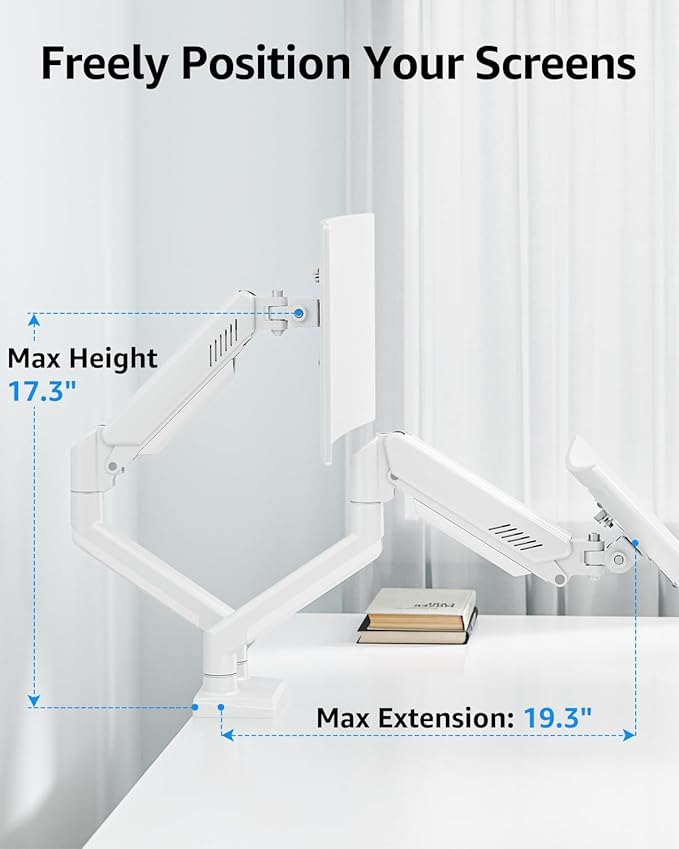 Dual Monitor Stand fits up to 32 inch, 4.4-22 lbs Computer Screens, Dual Monitor Desk Mount Height Adjustable, Monitor Arms for 2 Monitors, Home Office VESA Mounts with Gas Spring, Freelift White