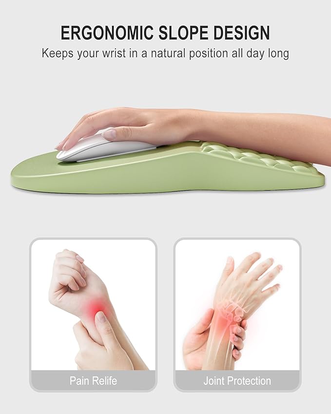 Auhoahsil Ergonomic Mouse Pad with Wrist Rest, Comfortable Slope Computer Mouse Mat with Wrist Support, Memory Foam Filling, Non-Slip Silicone Base, Pain Relief for Gaming Work, 8" x 12", Light Green