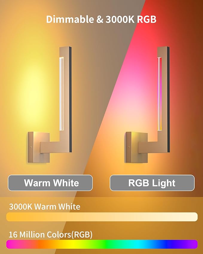 Modern Wall Sconces Set of 2, Gold Aluminum Wall Lights with Dimmable and Remote Control, 3000K and RGB Hardwired Wall lamp for Living Room, Bedroom, Bathroom, Hallway, 16 Inch
