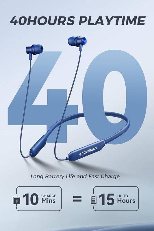 TONEMAC N8 Bluetooth Neckband Earbuds | 40Hrs Playtime Headphones, IPX6 Waterproof, Deep Bass Earphones, Clear Calls, Headset for Music, Sports, and Phone Calls Blue