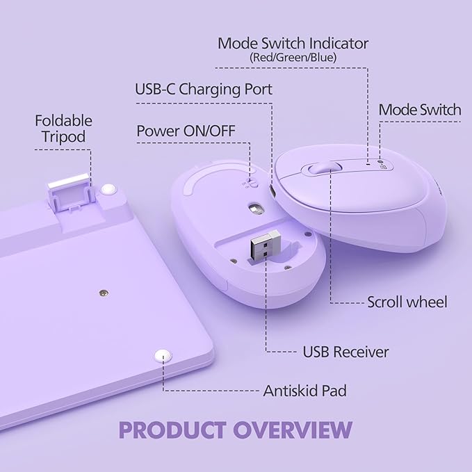 Purple Wireless Keyboard and Mouse Combo for Desktop Mac iPad Bluetooth 2.4 Ghz Rechargeable Slim Silent Click with Number Pad Compatible with Pc, Laptop, Tablet (Purple)