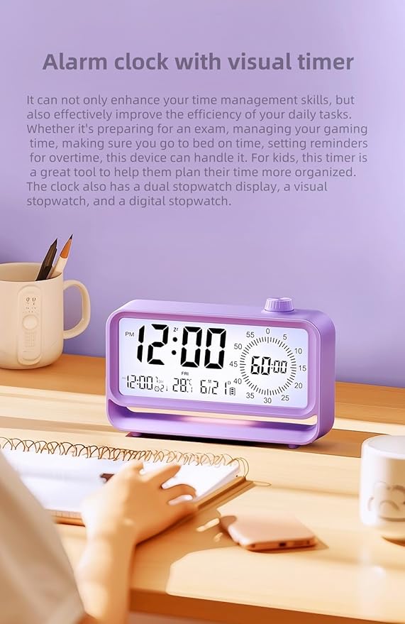 Digital Alarm Clock Night Light Visual Timer, LCD Time Reminder with 3 Alarms, Snooze,Temperature Display, Ideal for Family Education Teaching and Time Management Gifts for Kids (Blue)