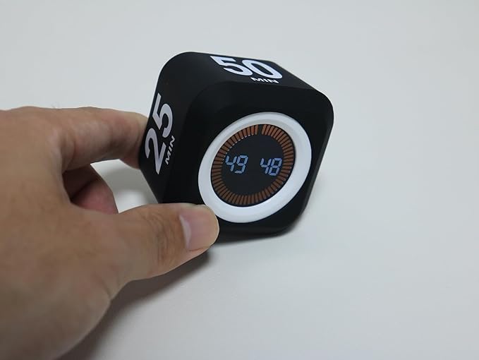 Rotating Cube Visual Timer 5, 25, 10 50 Minutes Preset + Custom Countdown, Rechargeable Desk Productivity Flip Timer with Detachable Silicone Cover for ADHD Study Work Kitchen School (Black)