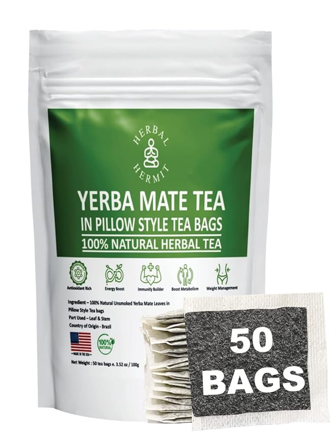 Herbal Hermit Yerba Mate herbal-teas with 50 tea bags Natural Yerba Matte Rich in Chlorophyll, Made in USA