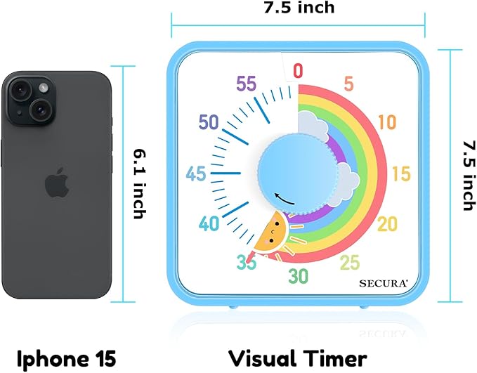 Secura 60-Minute Visual Timer, 7.5 Inch Magnetic Rainbow Countdown Timer for Classroom or Kitchen, Durable Mechanical Timer Clock with Magnetic Backing (Blue & Sun)